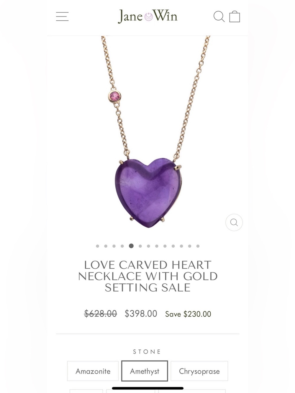 Jane Win Amethyst Carved Heart Necklace in Gold